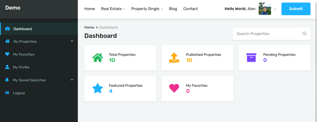 user dashboard on the front-end for realhomes