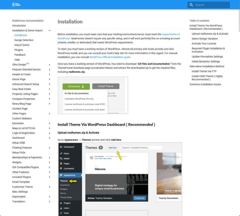 the installation documentation of the realhomes theme