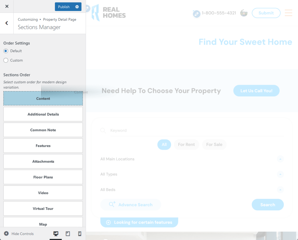 realhomes customizer settings: sections manager