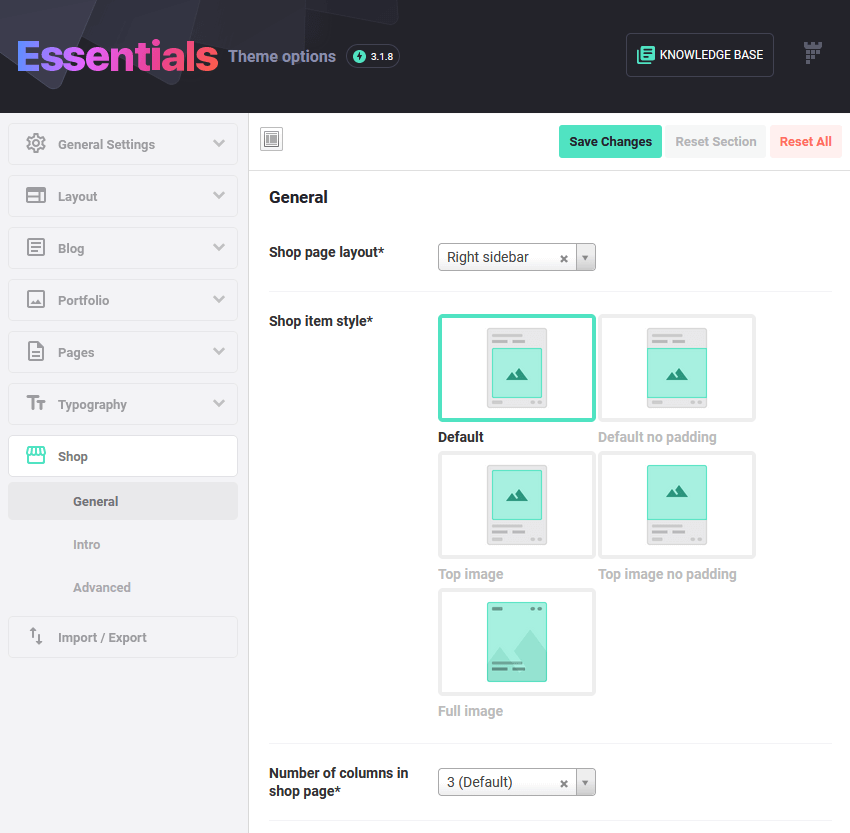 shop general options under the essentials theme options