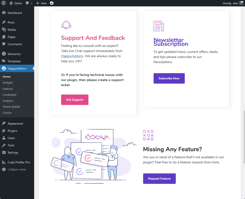 get support button on happy addons plugin settings