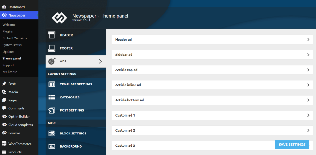 Ads settings