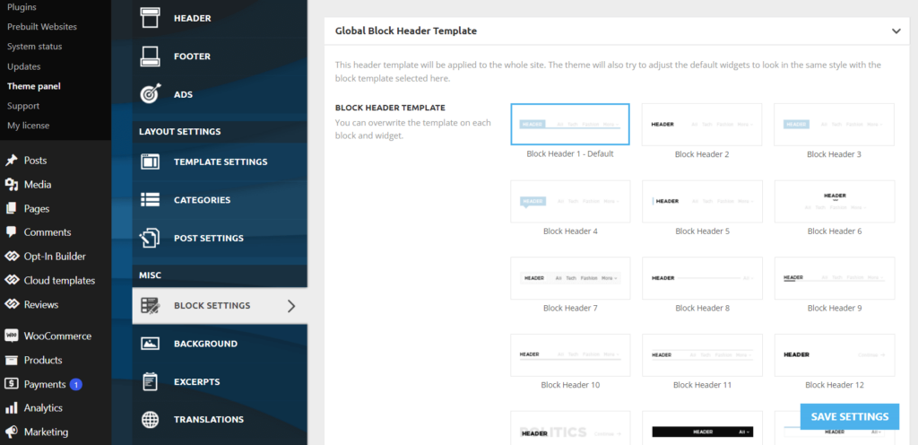 Global header blocks