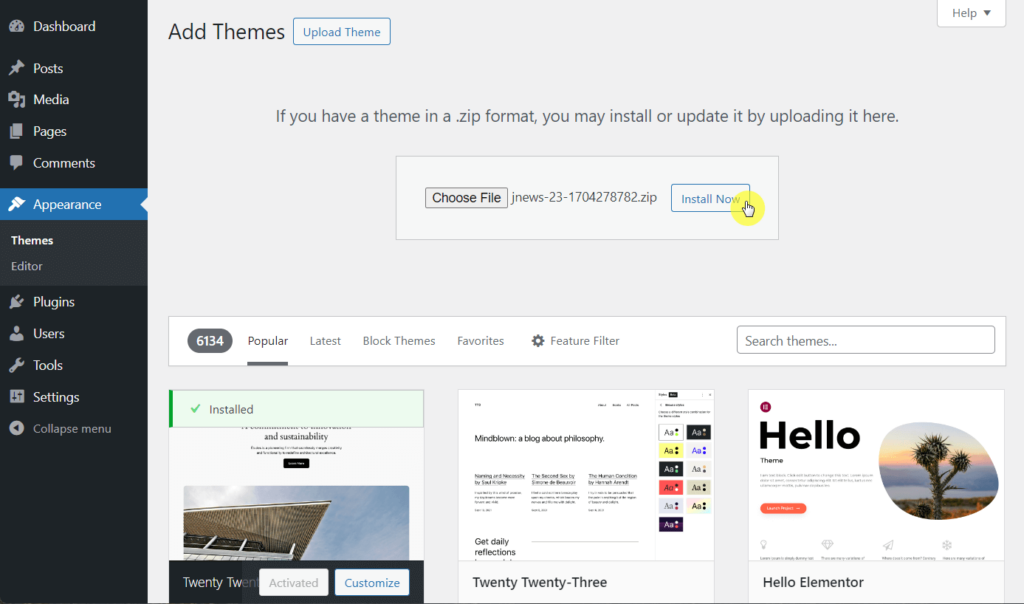 Install JNews theme