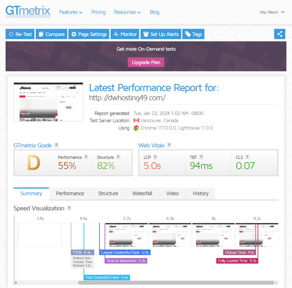 JNews GTmetrix report one