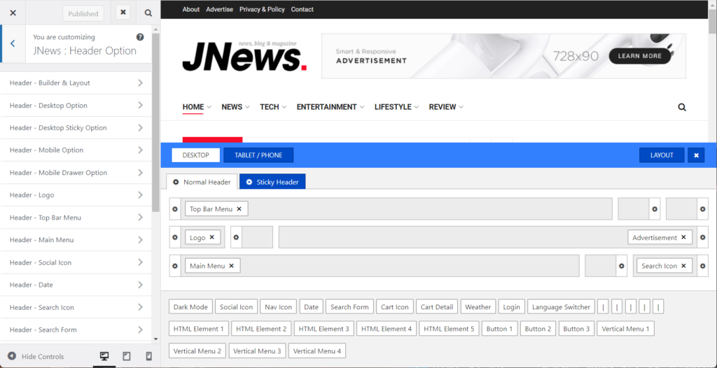 JNews header builder