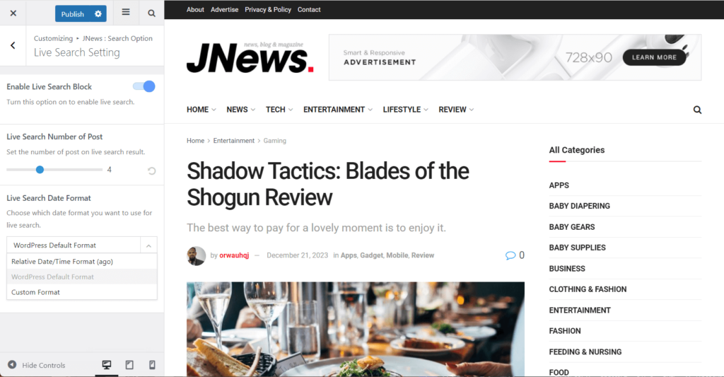 Live search settings