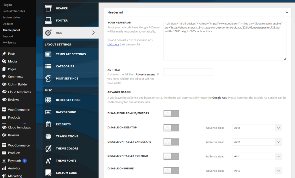 Manage header ads