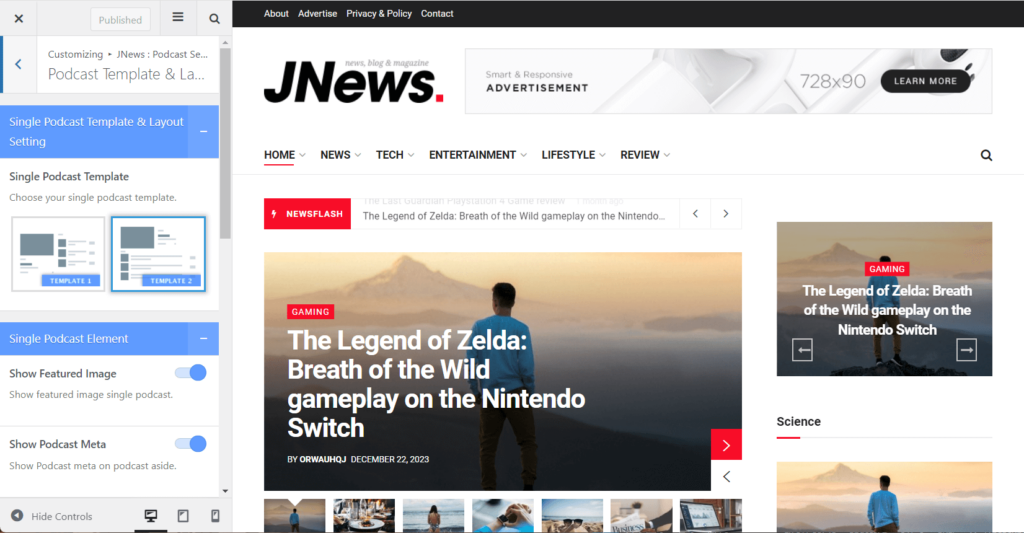 Podcast template and layout settings