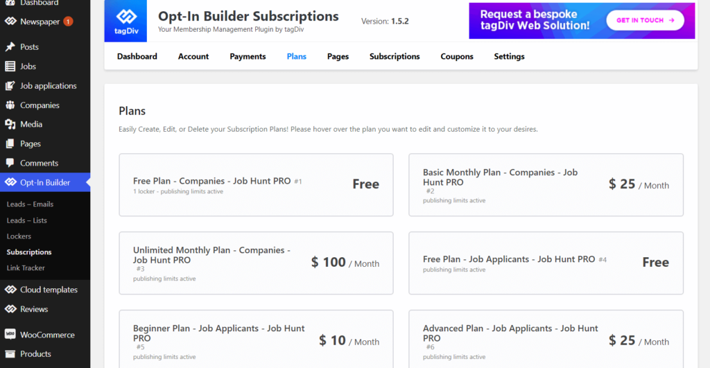 Subscription settings