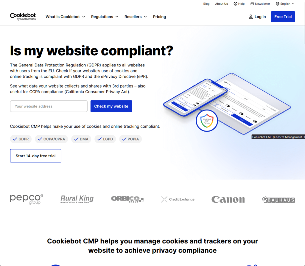 Cookiebot CMP helps make your use of cookies and online tracking compliant.