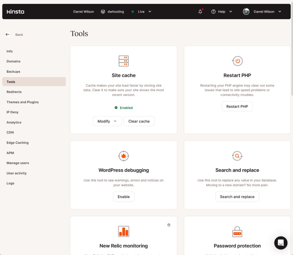 kinsta tools page in the hosting panel