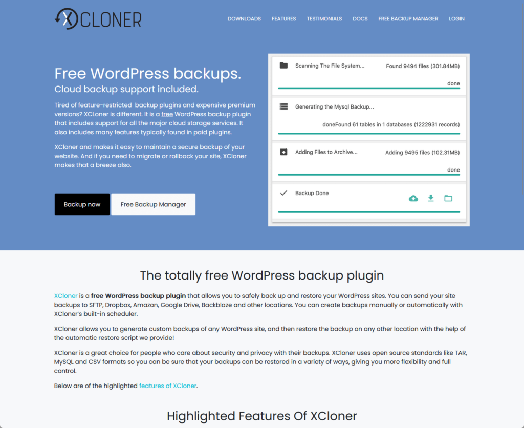Free WordPress backups: Cloud backup support included
