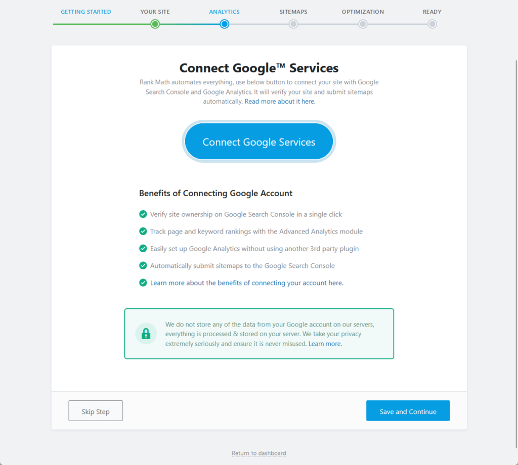 connect google services here in the analytics tab in the setup wizard for rank math