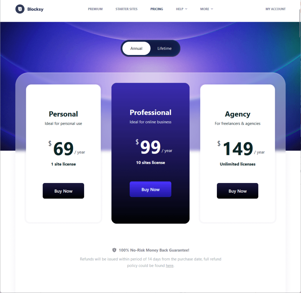 all the annual pricing plans of blocksy premium