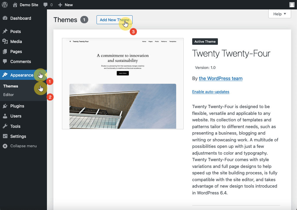 free wordpress themes page in the dashboard