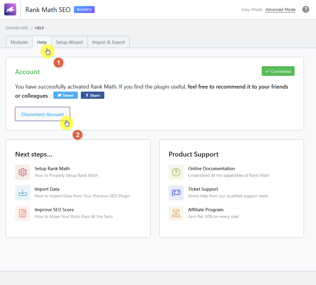disaccount your rank math account from the help tab in the dashboard of the plugin