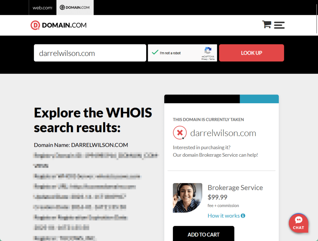 whois lookup result using the domain.com tool