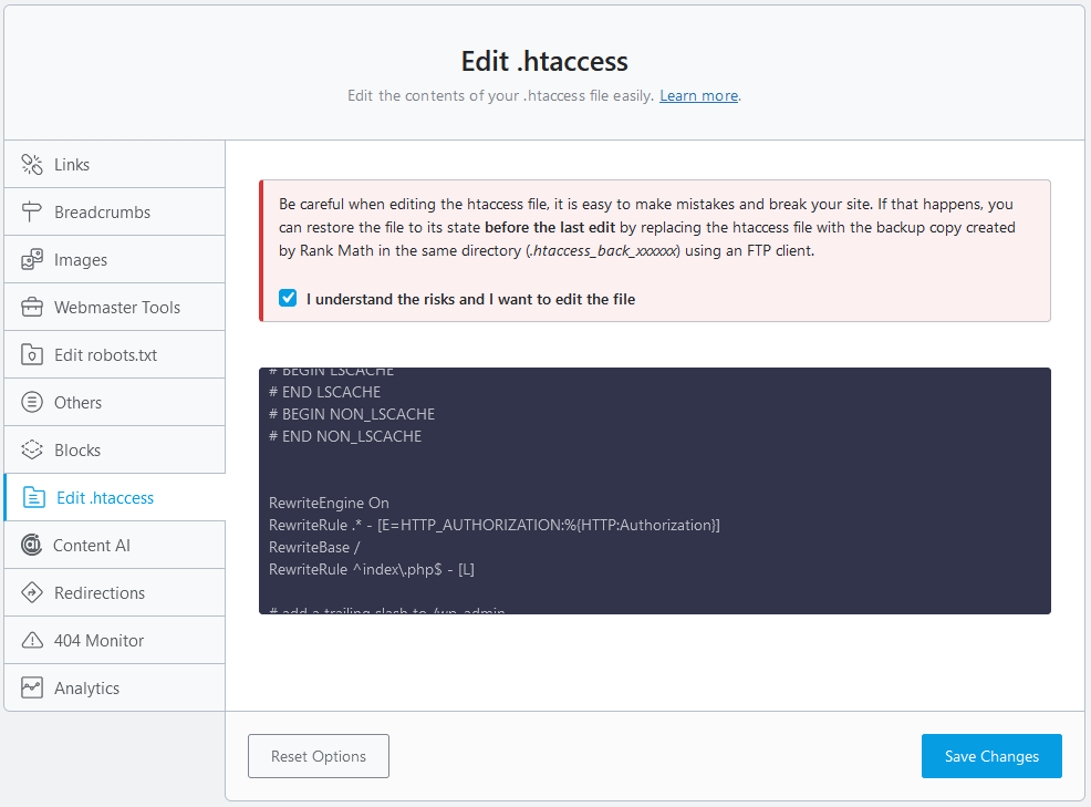 edit the contents of the .htaccess file easily using rank math