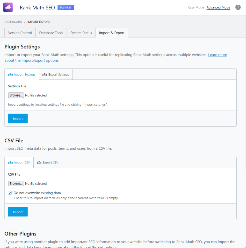 this is where you can import and export plugin settings and settings from other seo plugins