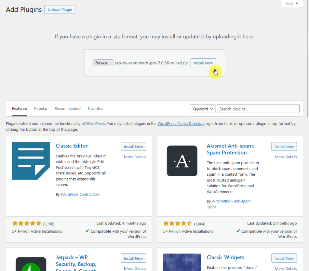 upload and install the pro version of rank math