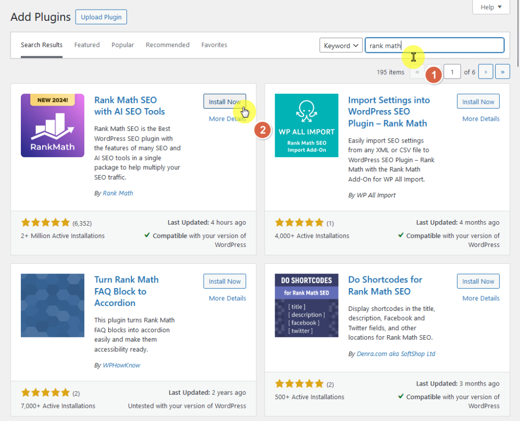 install and activate the free version of rank math