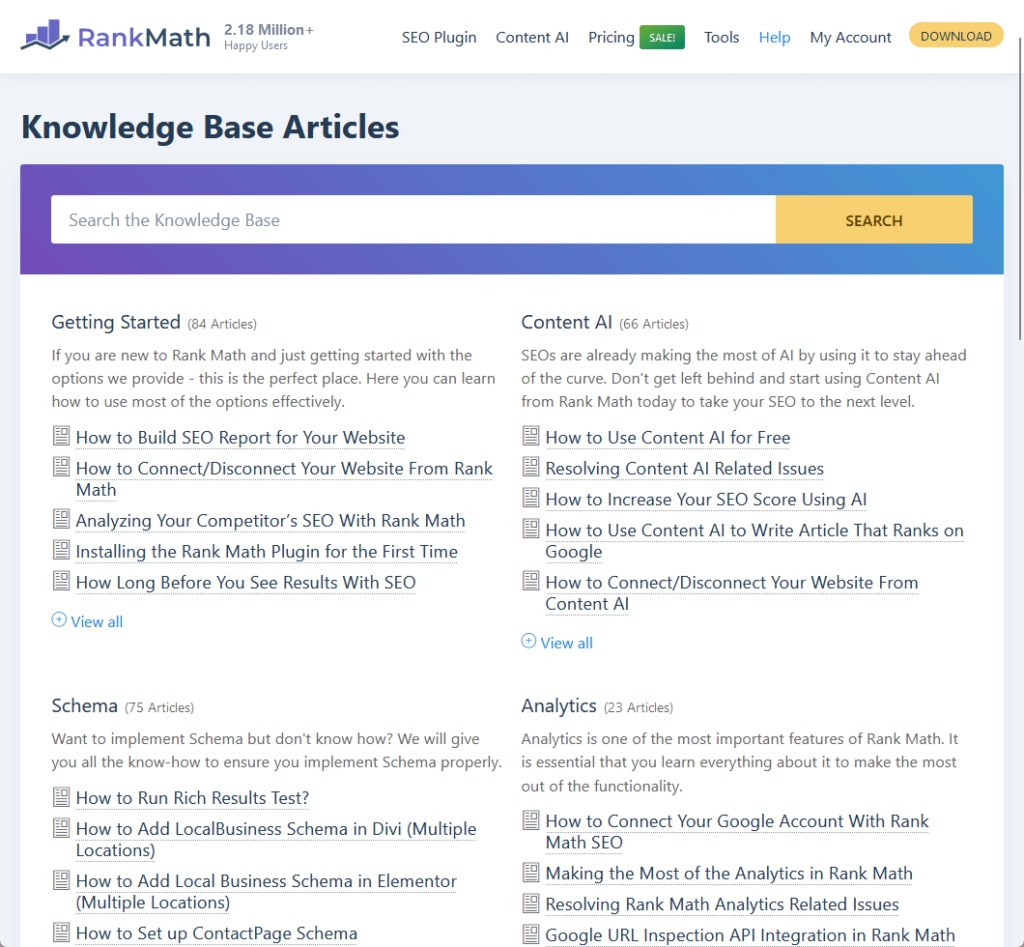 home page of rank math’s knowledge base