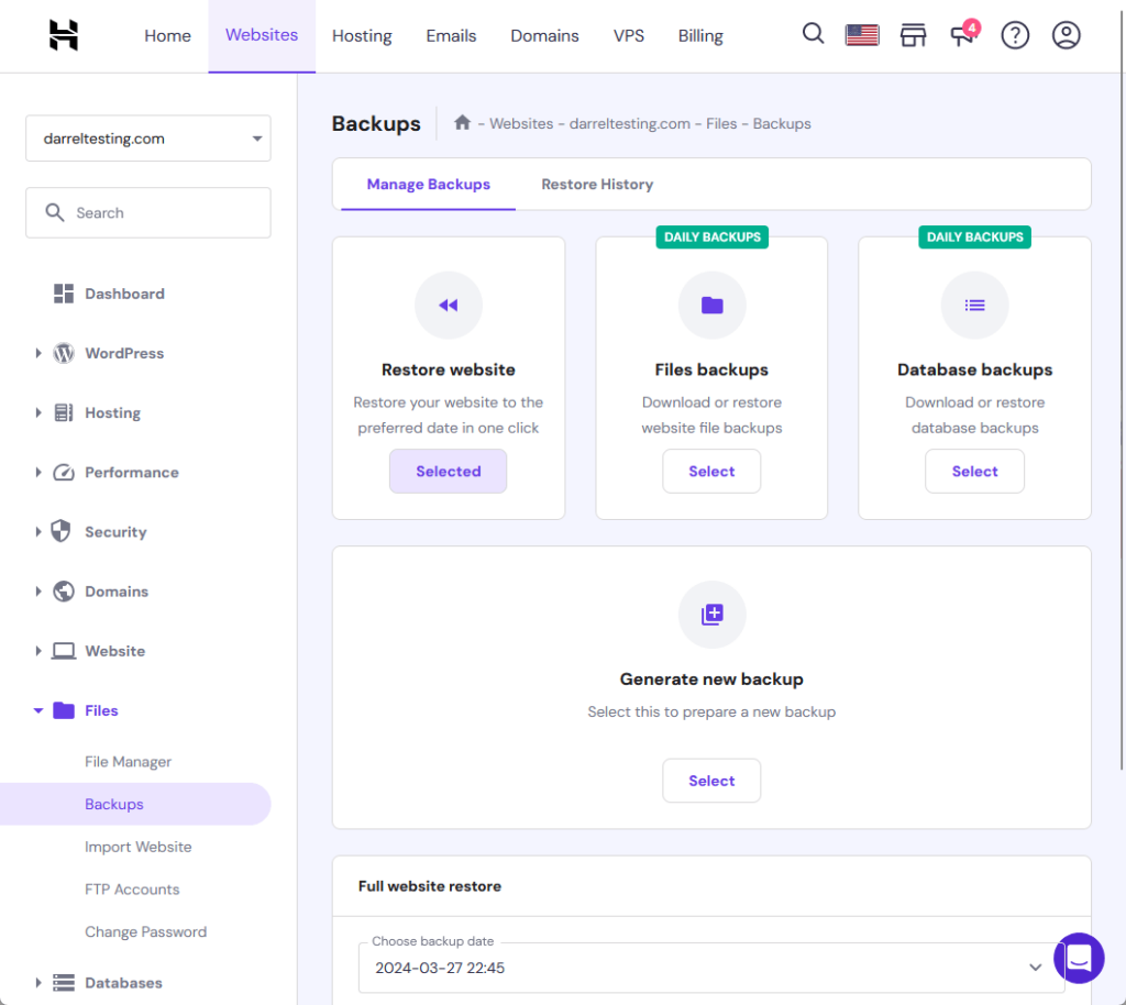 manage WordPress backups via hostingerβs hpanel
