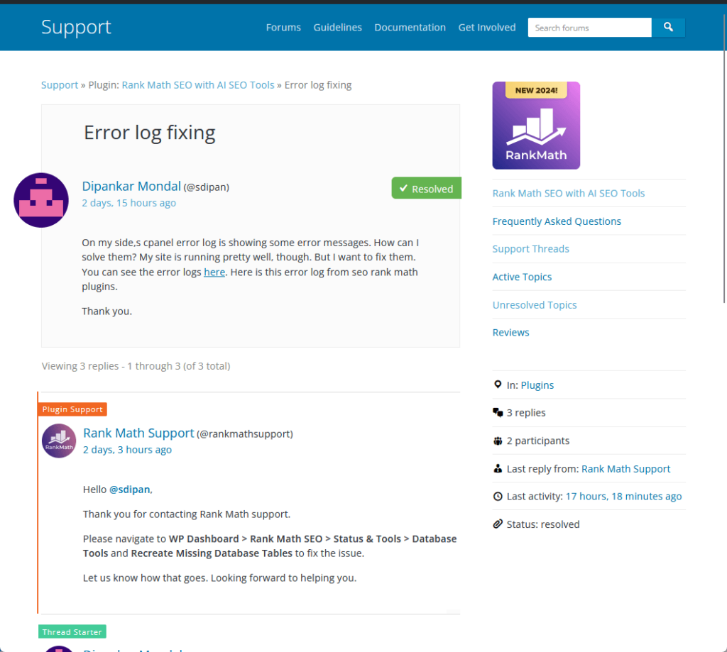 rank math replying to a question in their plugin’s wordpress support forum