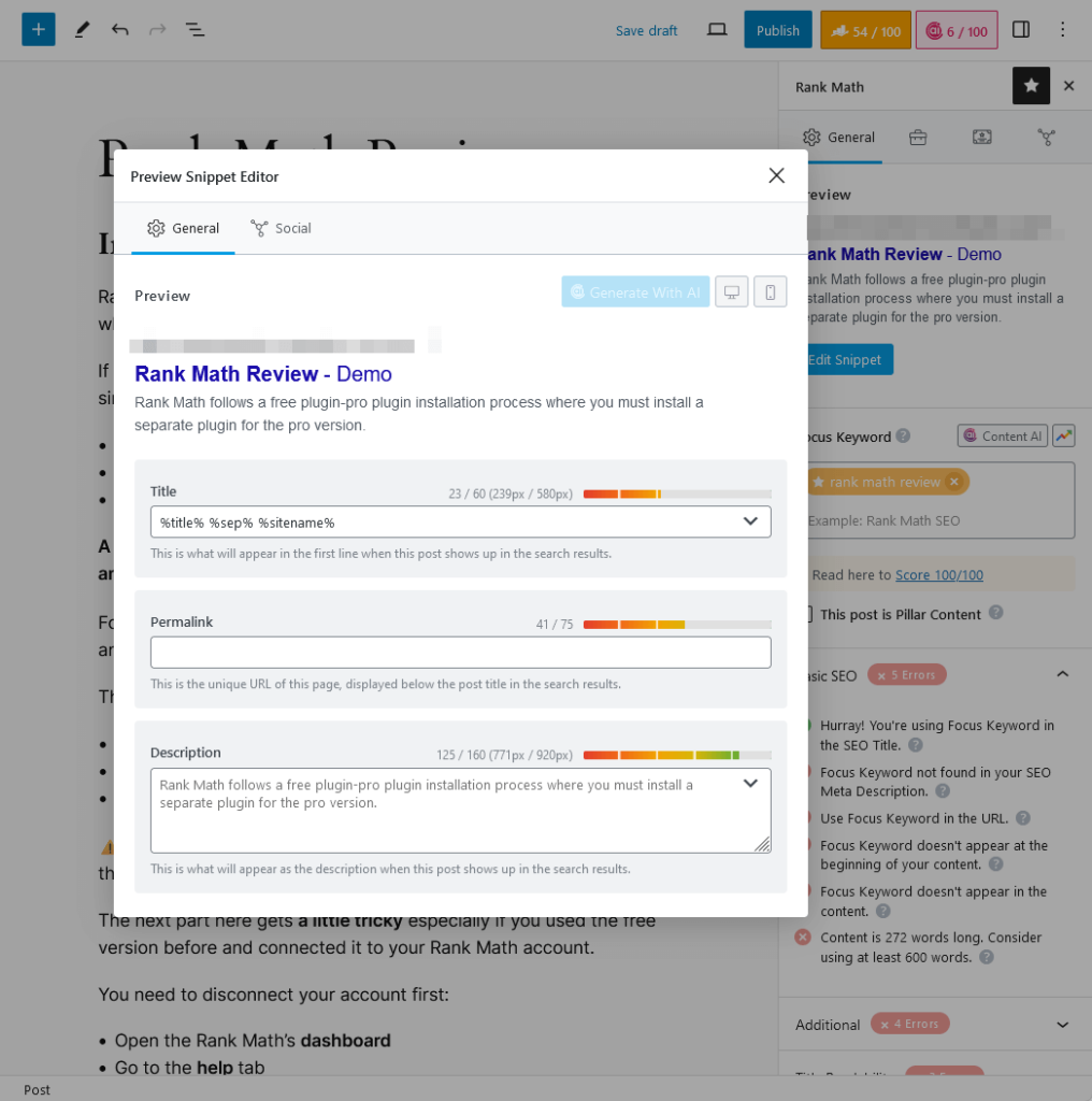 edit the snippet of a post using the rank math preview snippet editor