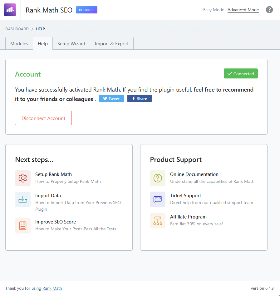product support options in the help tab of the dashboard in rank math
