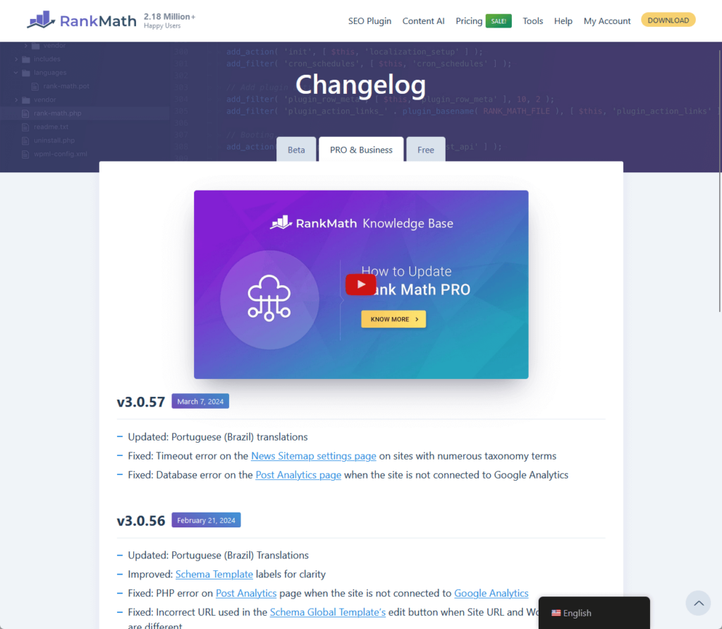the changelog page for rank math pro and business