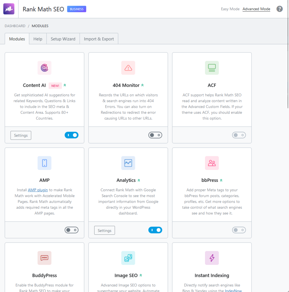 the modules tab and home page of the rank math seo dashboard