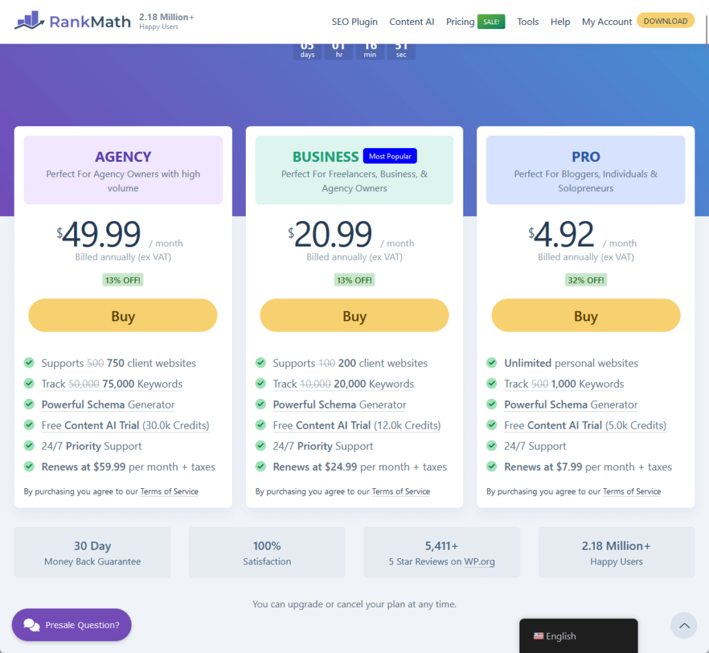 how each rank math plan costs during the spring sale