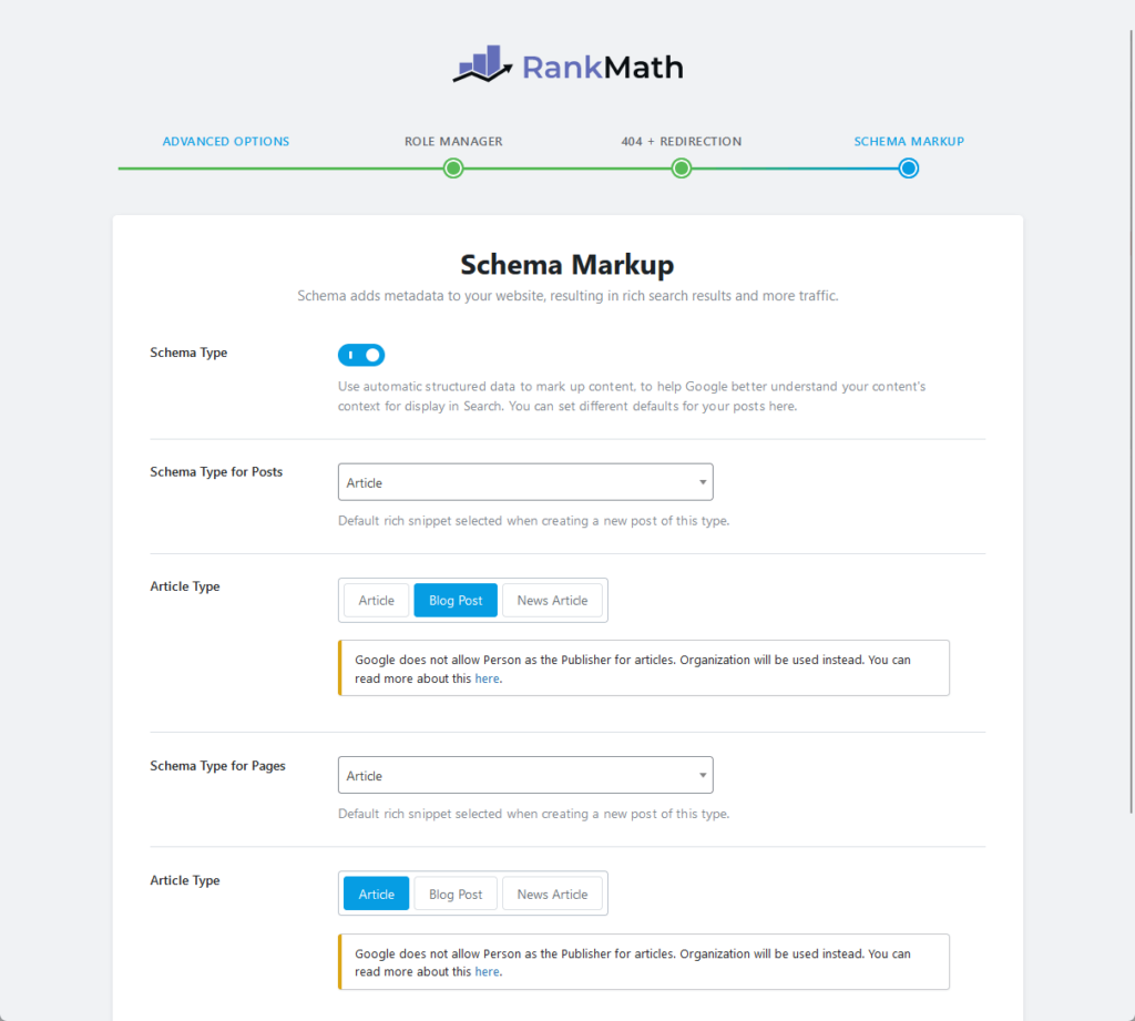 setup the schema markup for your website including the scheme type for posts, article type, etc.