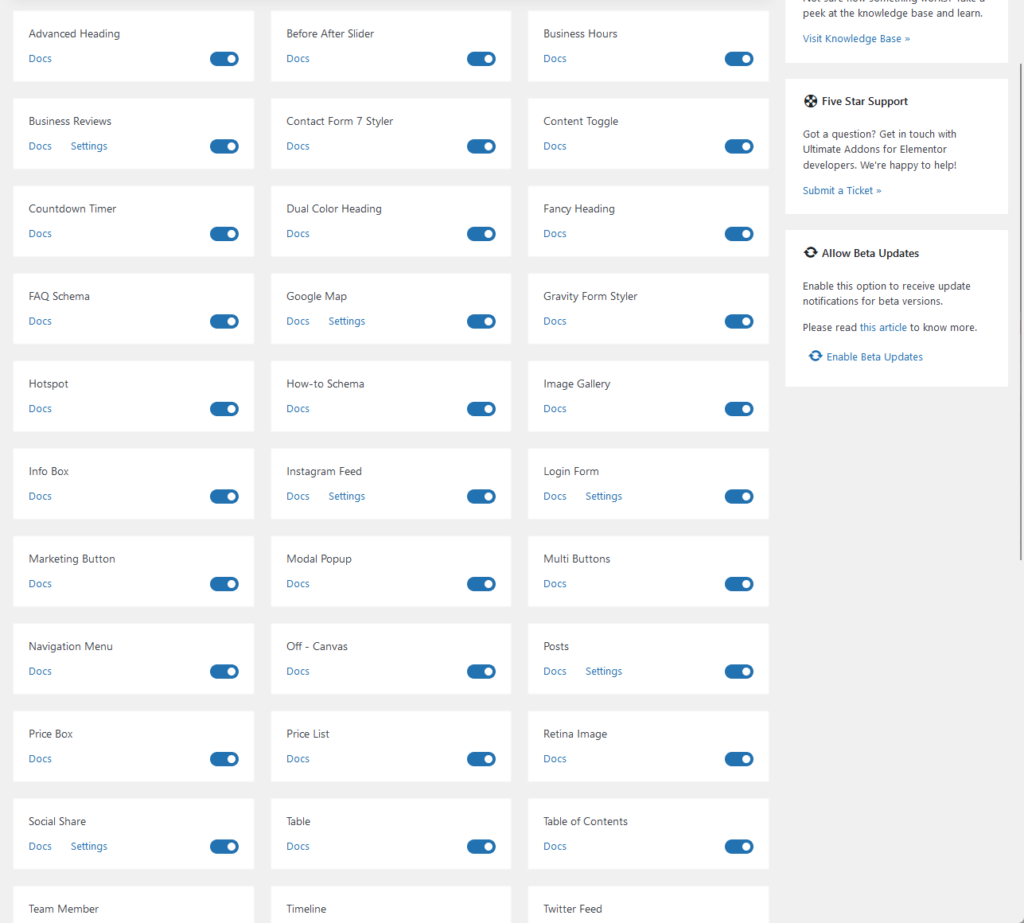 all the available creative widgets and advanced widgets for ultimate addons for elementor