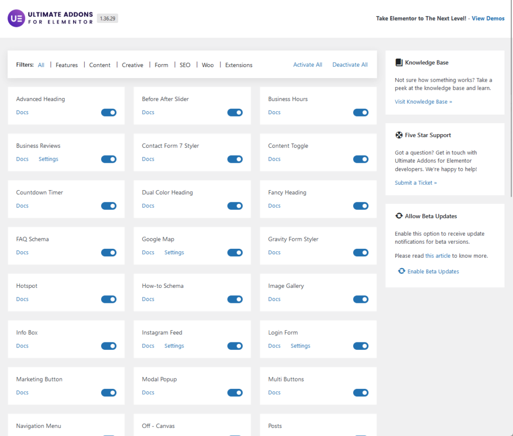 plugin settings for ultimate addons for elementor