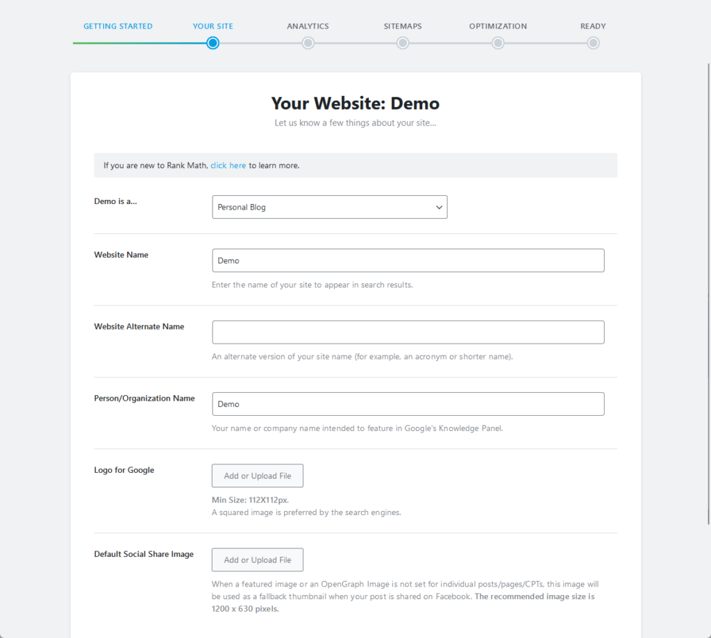 let rank math know a few things about your website