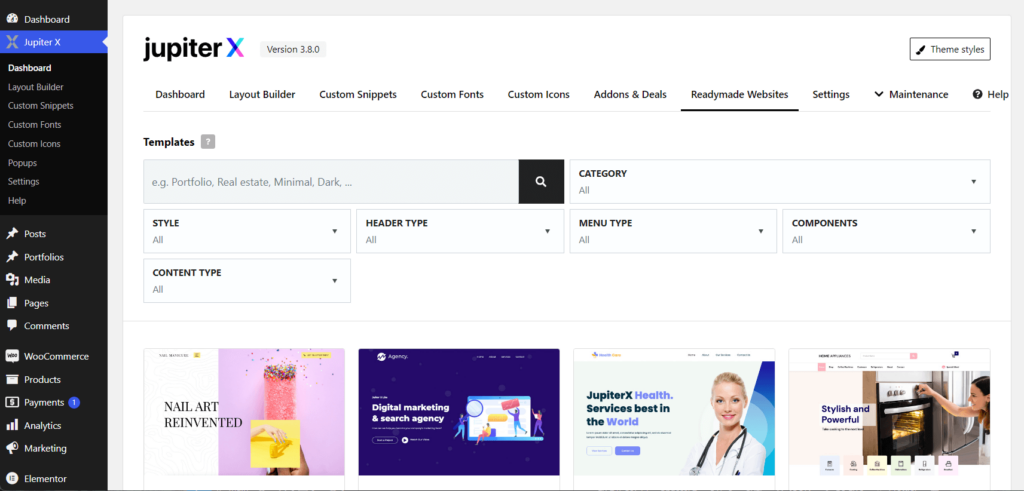JupiterX readymade websites area