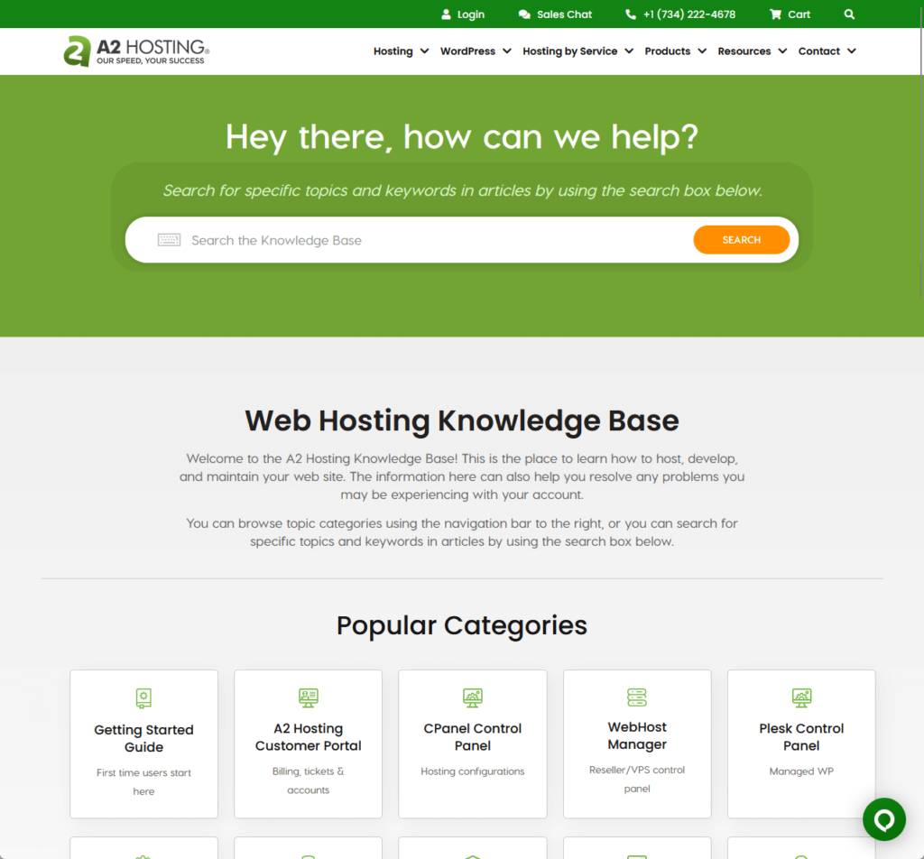 home page of the knowledge base of a2 hosting