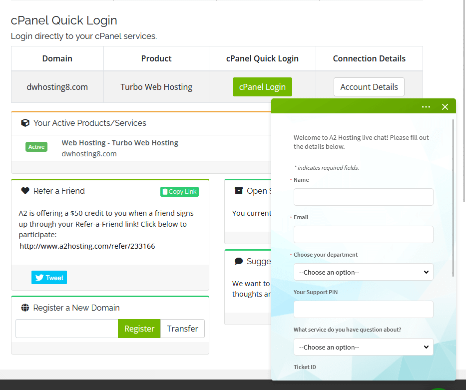 the a2 hosting live chat feature on the client area