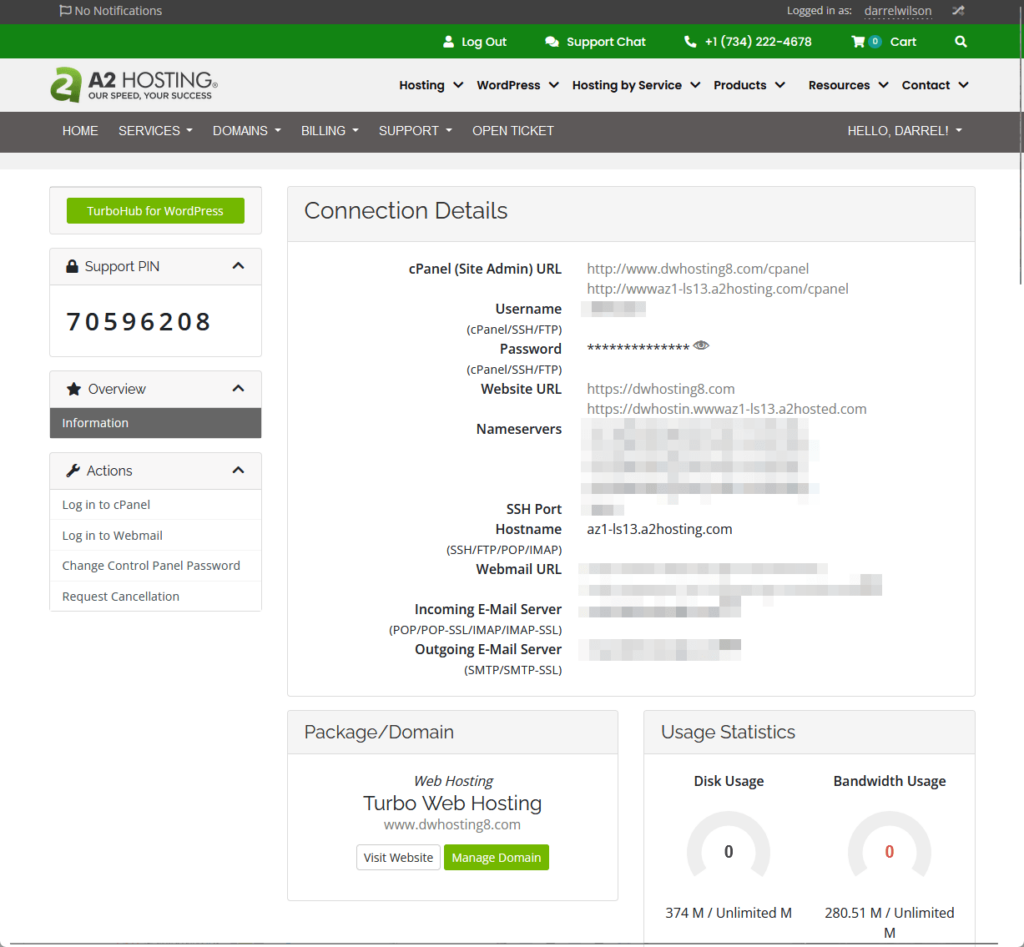 connection details for the hosting or service in a2 hosting