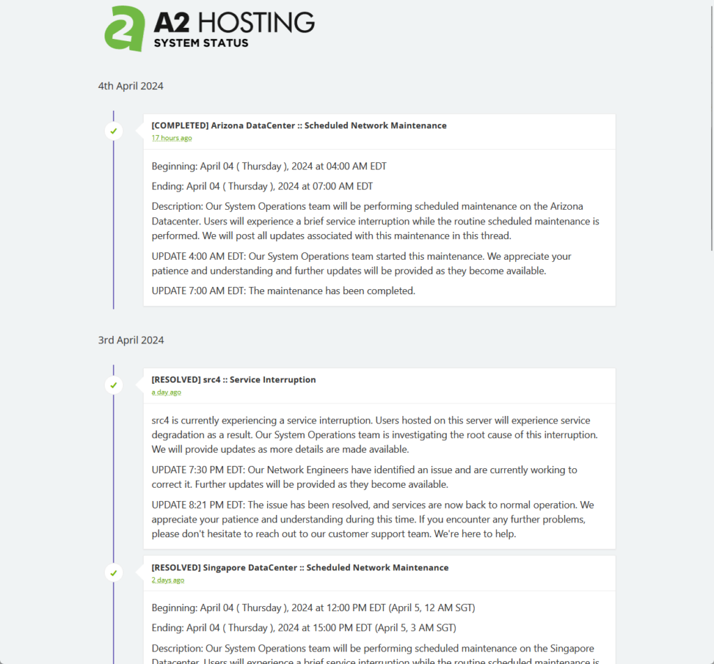 the simplistic page for a2 hosting system status