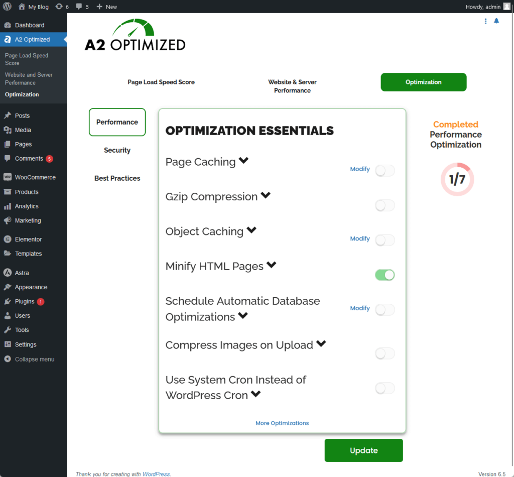 optimization page of the a2 hosting plugin