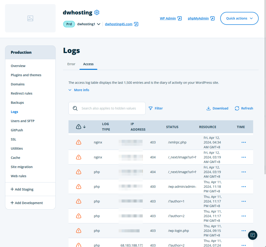 access log table from wp engine hosting