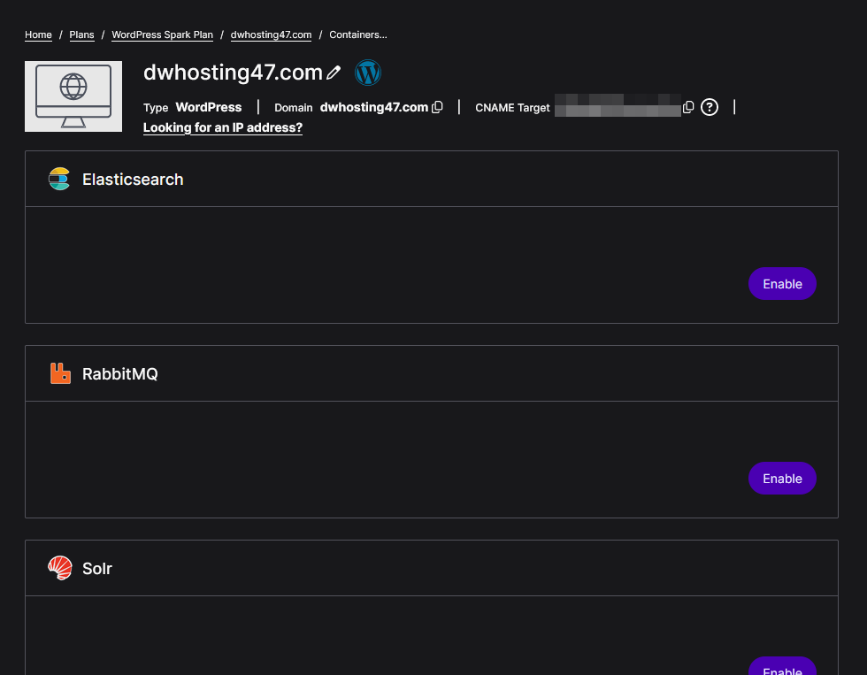 a page where you can enable different containers in nexcess