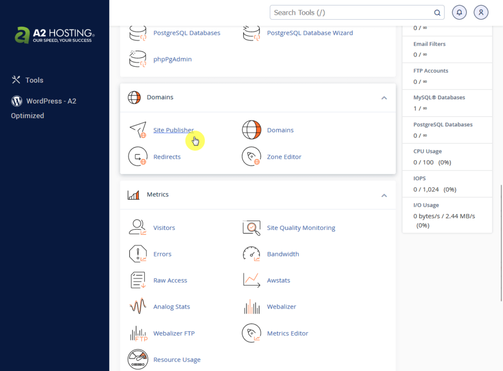 find the site publisher tool under the domains group