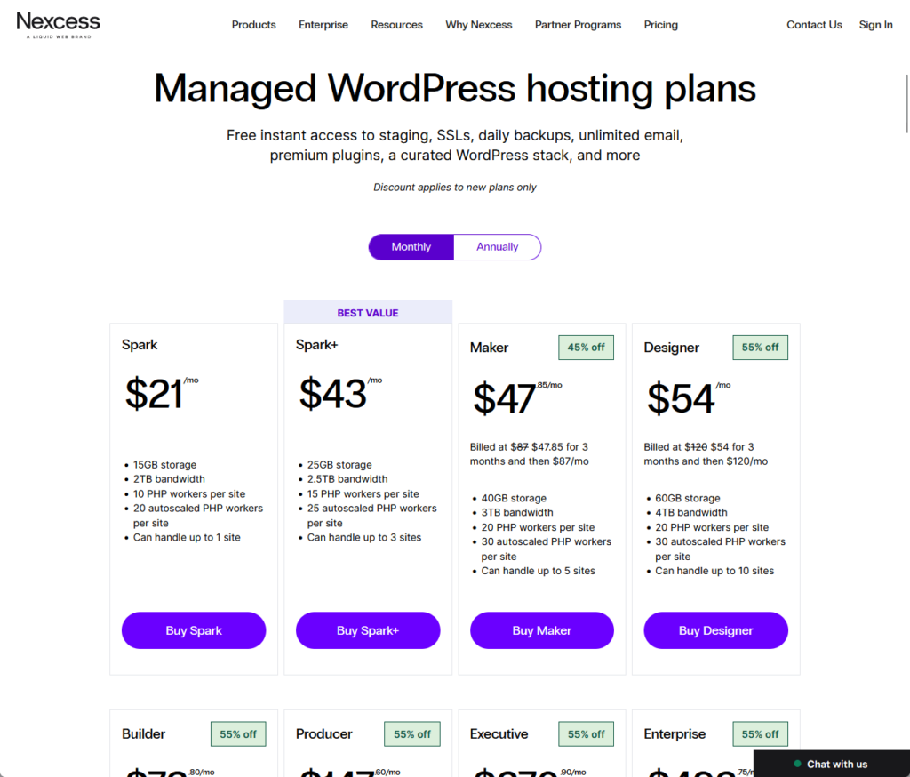 nexcess’s managed hosting page with all the prices for all nexcess hosting plans
