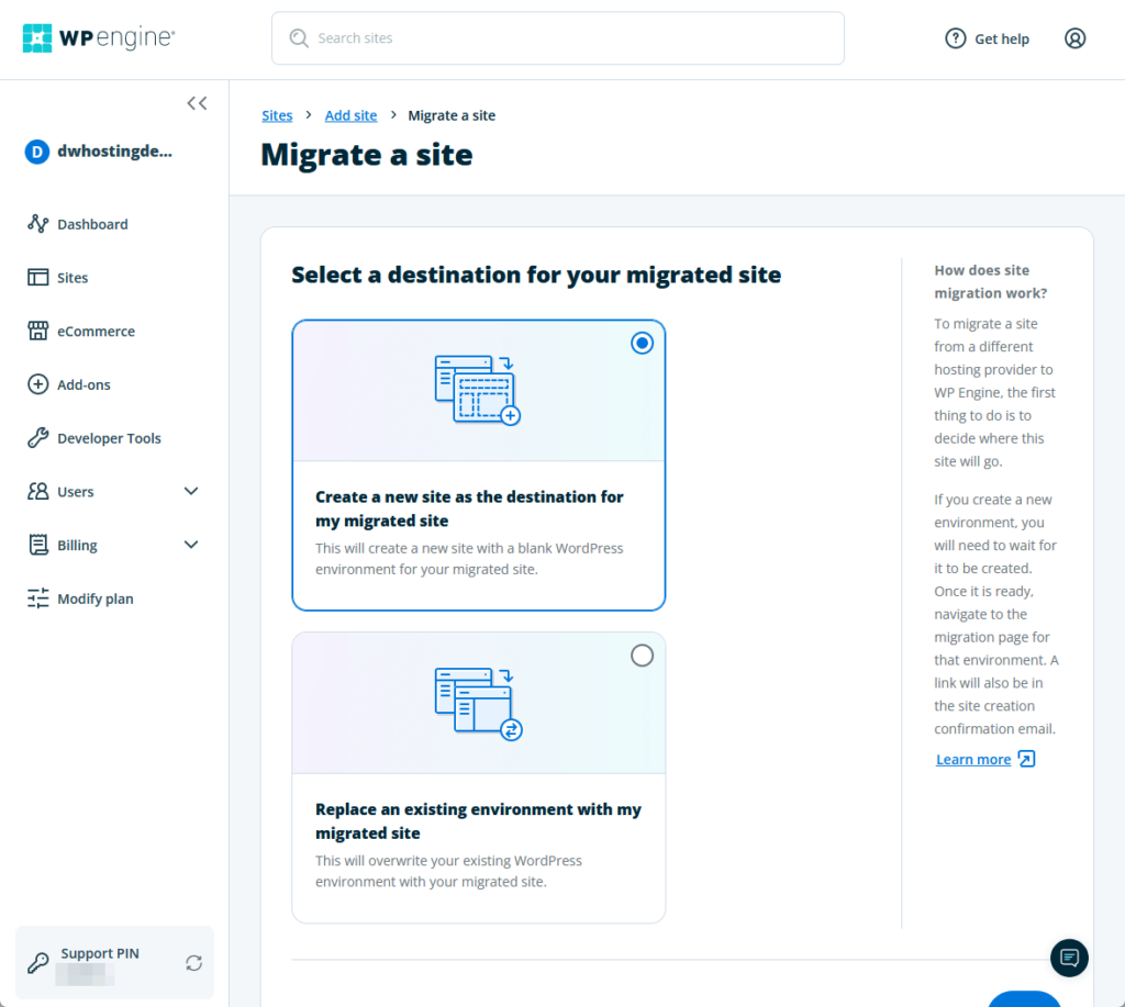 select a destination for your migrated site
