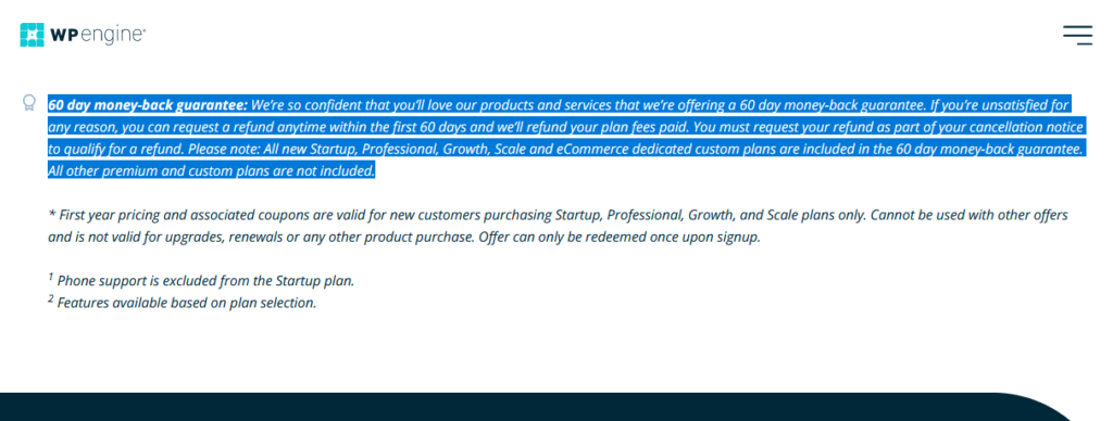 declaration of a 60 day money back guarantee from wp engine